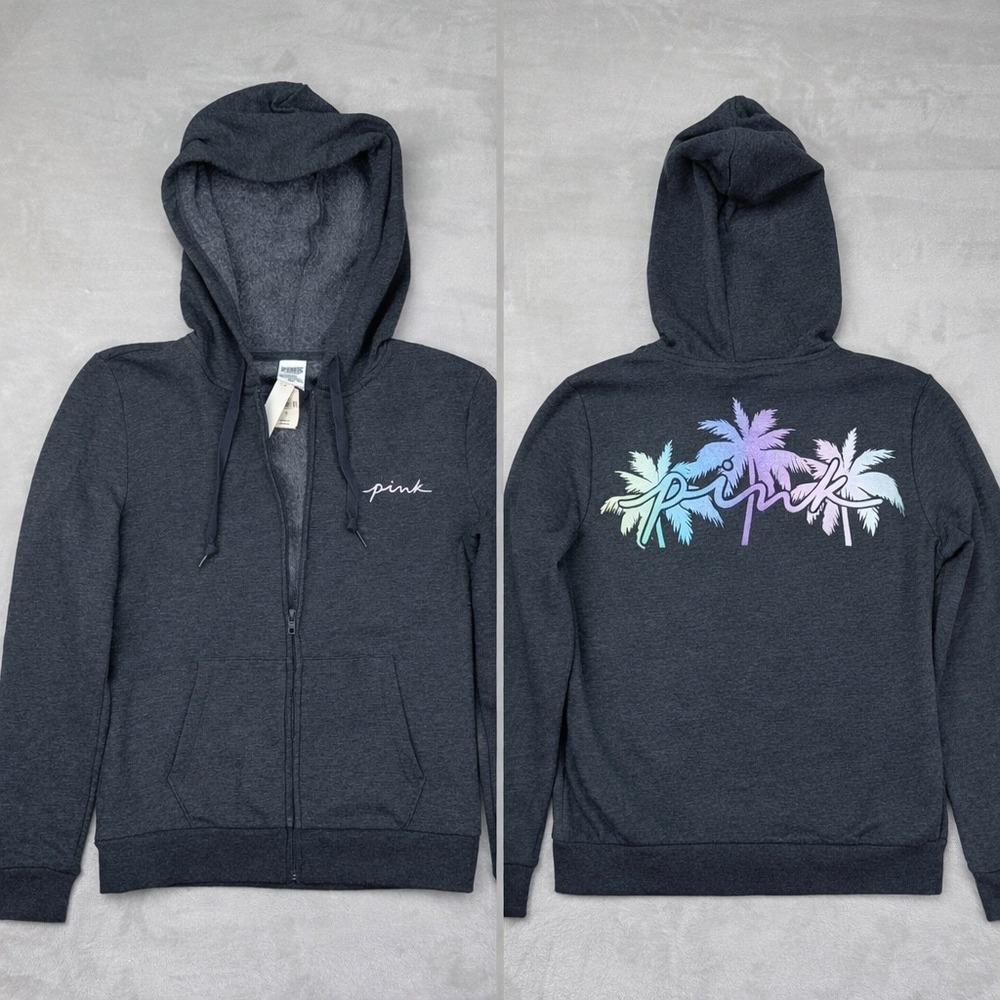PINK Victoria Secret Hoodie Women Medium Gray Full Zip Palm Tree Graphic Y2K NWT